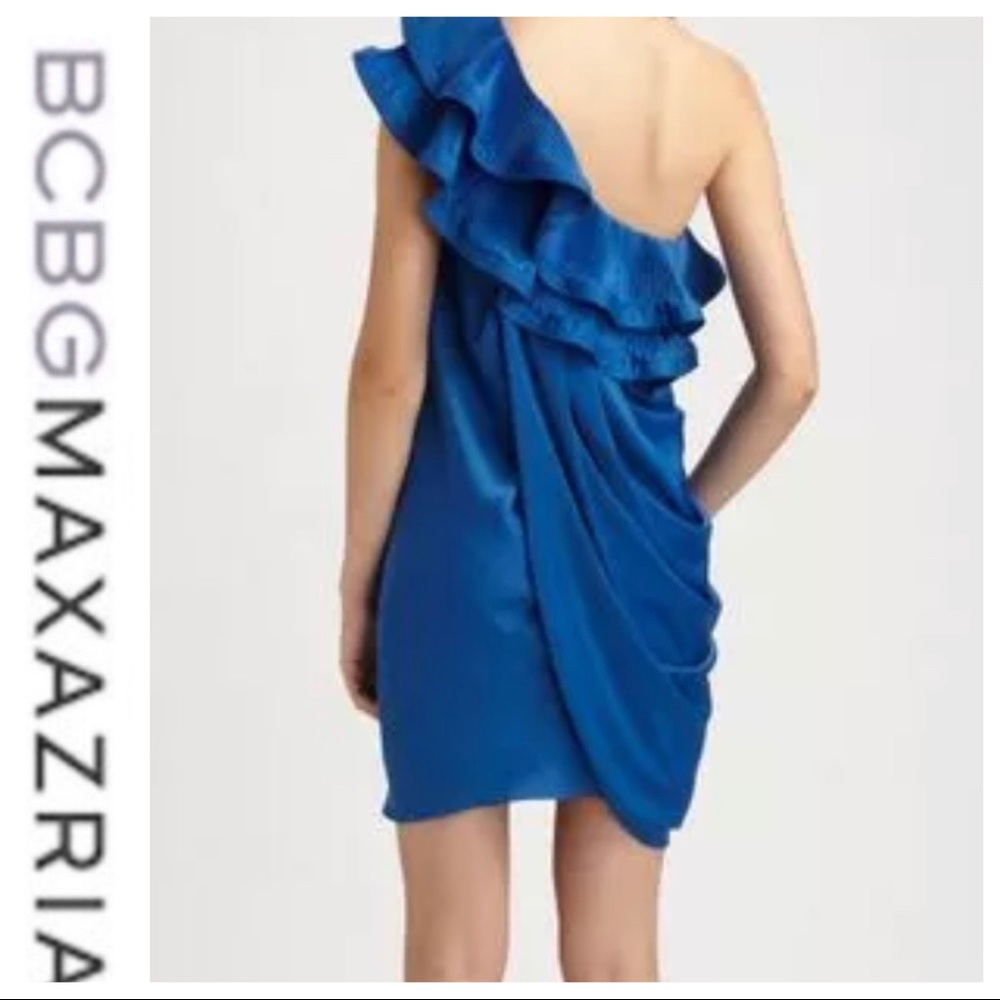 💕SALE BCBGMAXAZRIA Blue One Shoulder Ruffle Dress - Picture 2 of 11